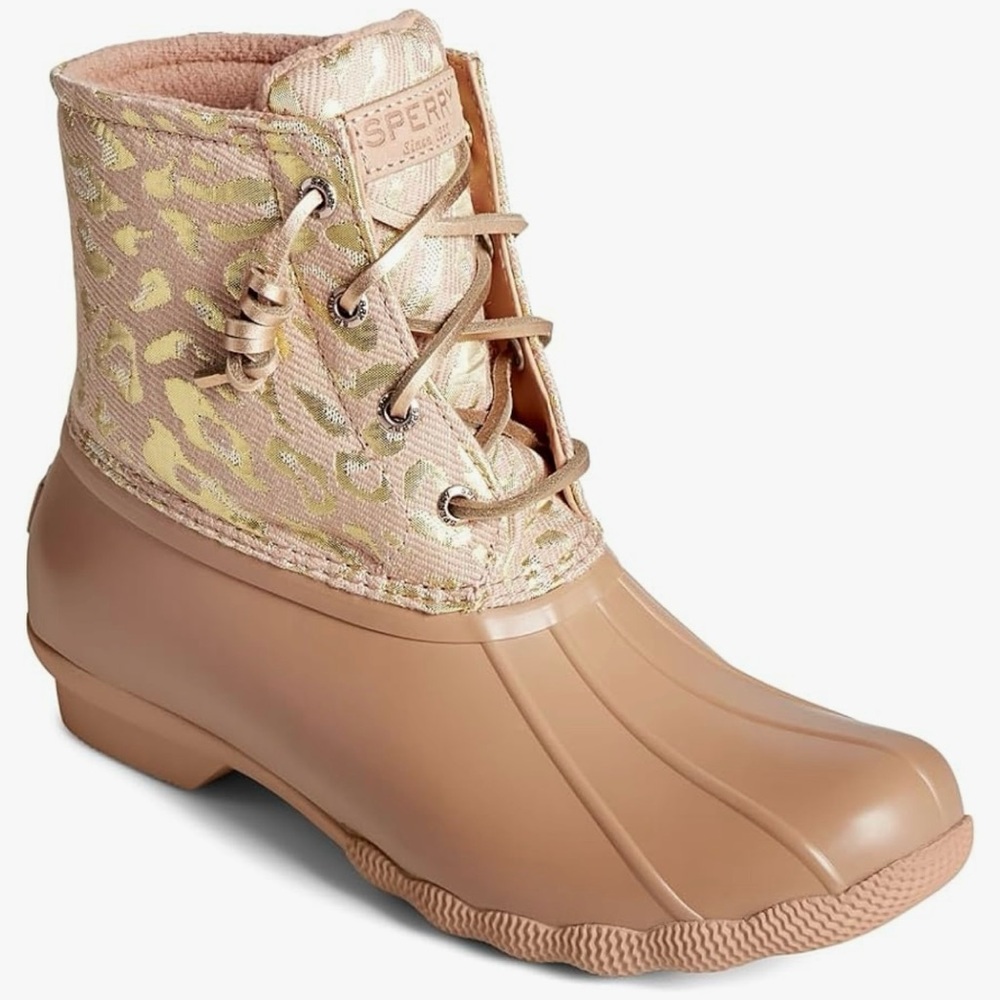 Sperry Saltwater Leopard Rose gold boots 7.5